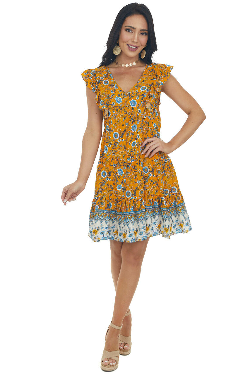 Honey Floral Print V Neck Tiered Short Dress 