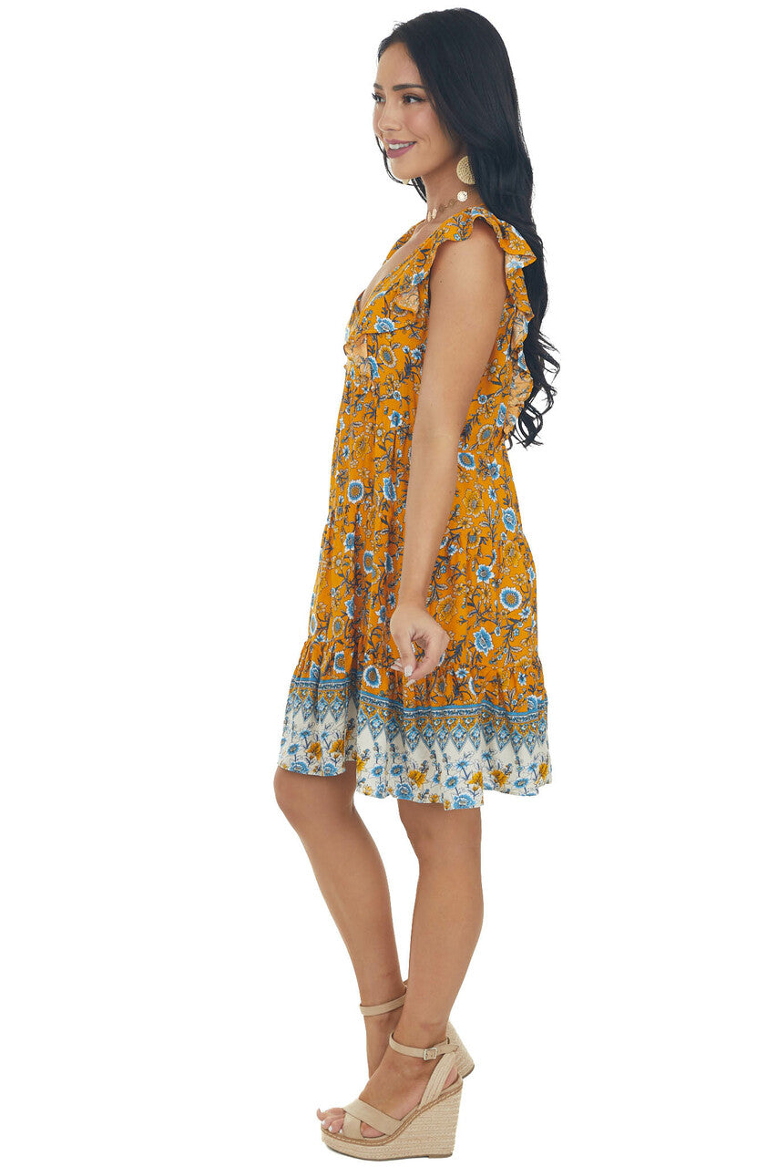 Honey Floral Print V Neck Tiered Short Dress 