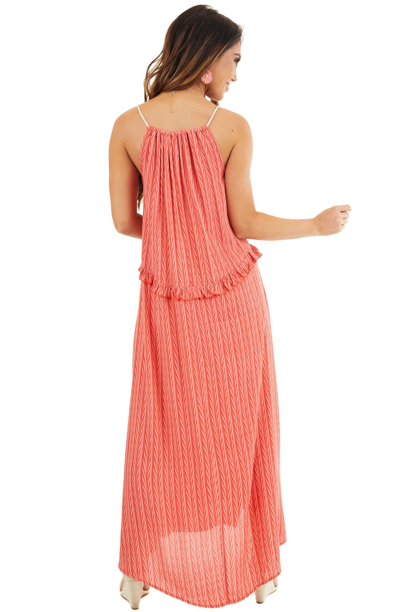 Hot Coral Printed Maxi Dress with Drawstring Neckline