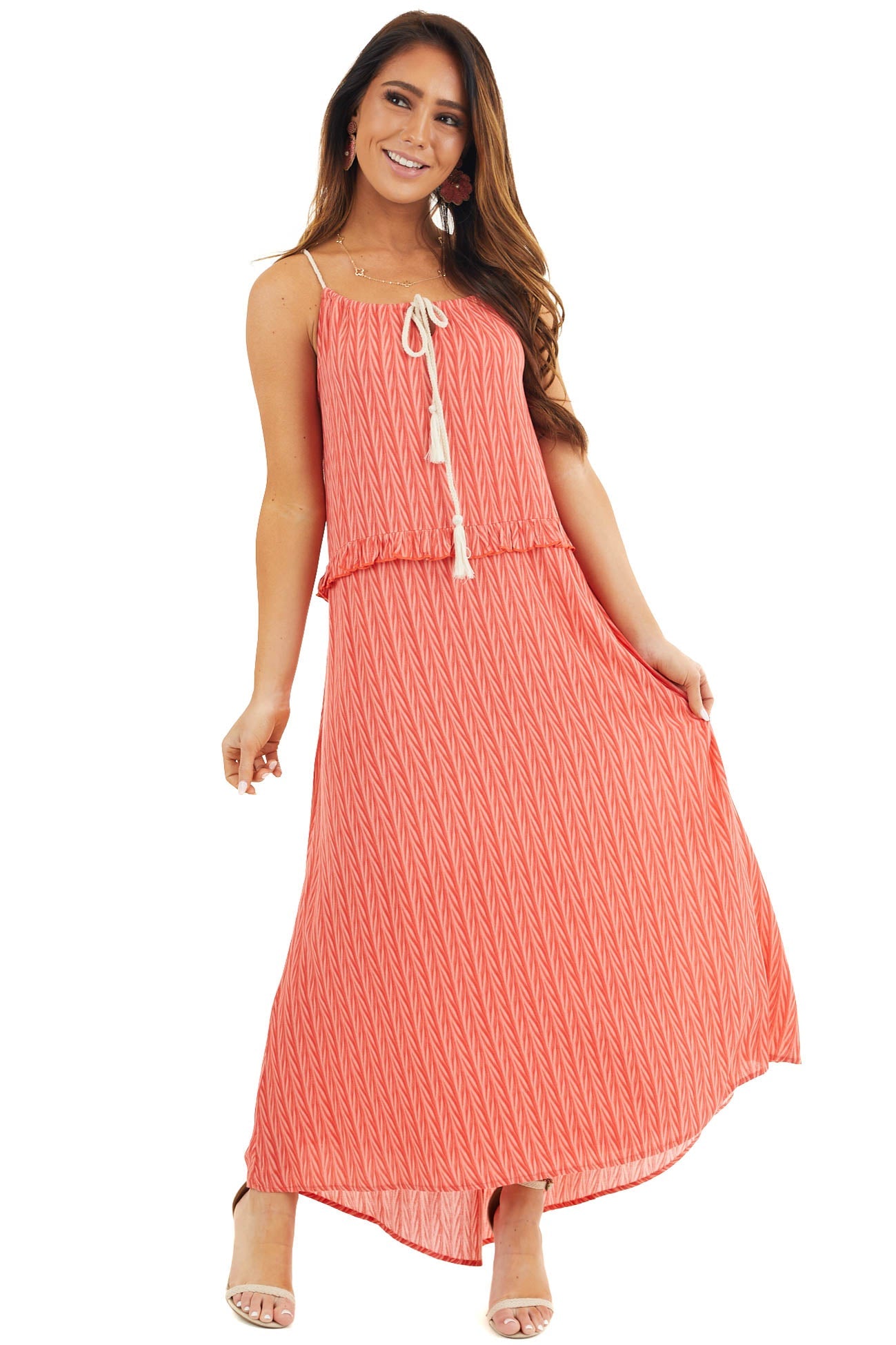 Hot Coral Printed Maxi Dress with Drawstring Neckline