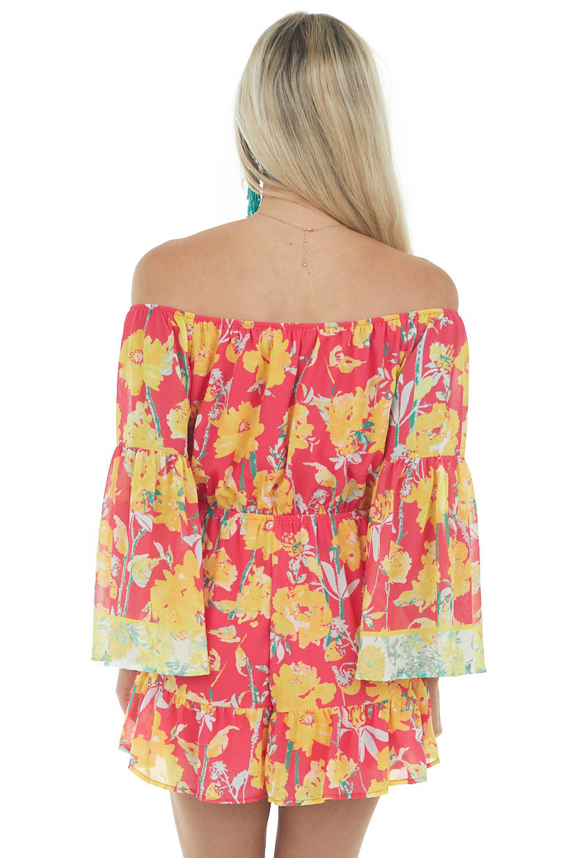 Hot Pink Floral Print Off the Shoulder Romper