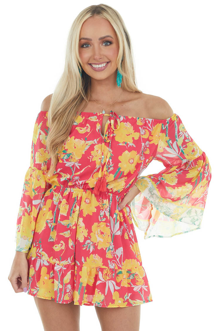Hot Pink Floral Print Off the Shoulder Romper