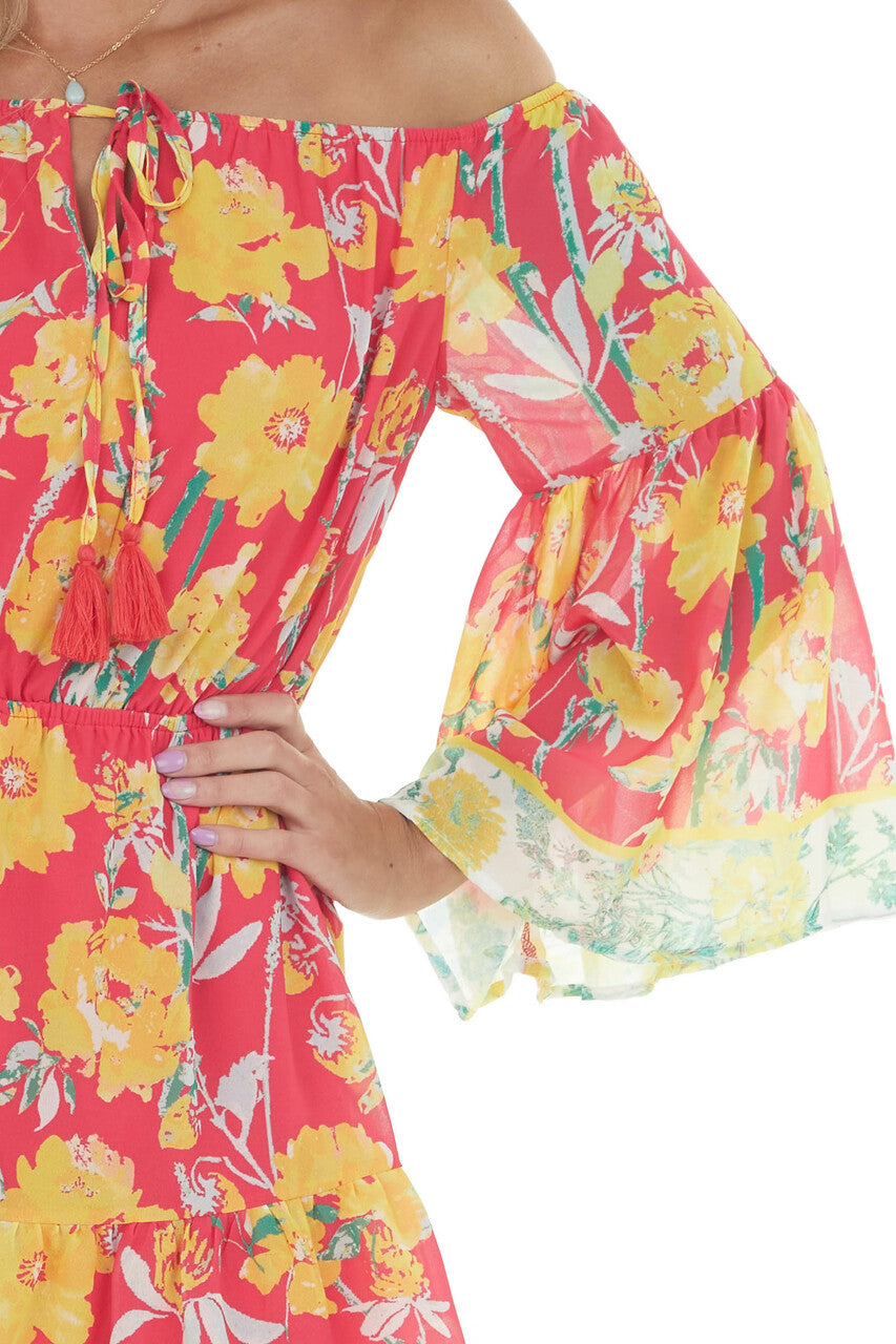 Hot Pink Floral Print Off the Shoulder Romper
