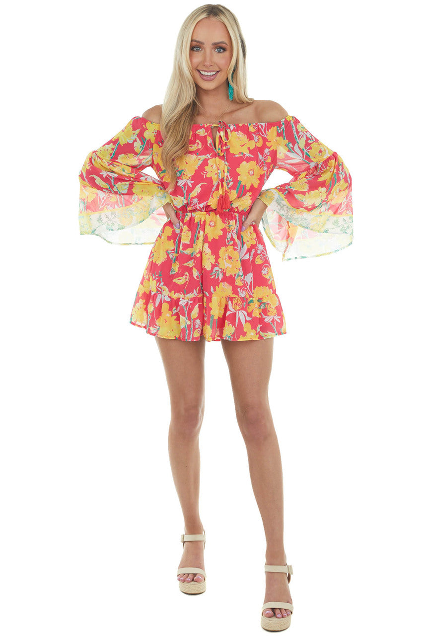 Hot Pink Floral Print Off the Shoulder Romper