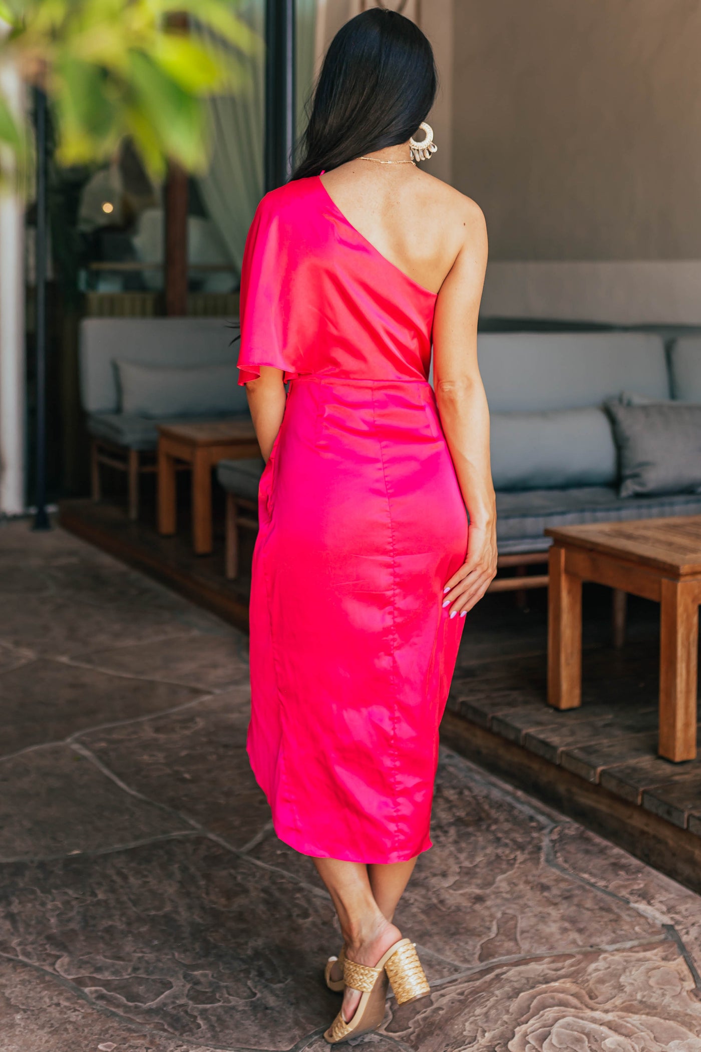 Hot Pink One Shoulder Faux Wrap Midi Dress