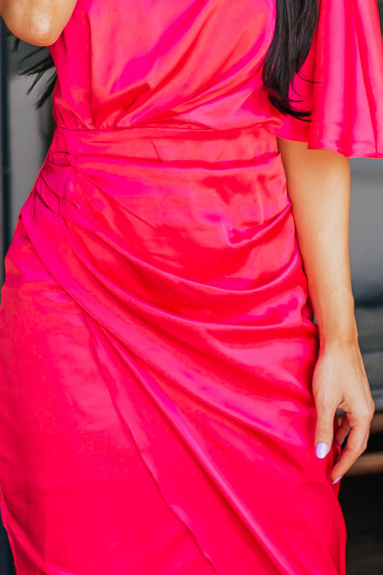 Hot Pink One Shoulder Faux Wrap Midi Dress