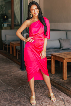 Hot Pink One Shoulder Faux Wrap Midi Dress