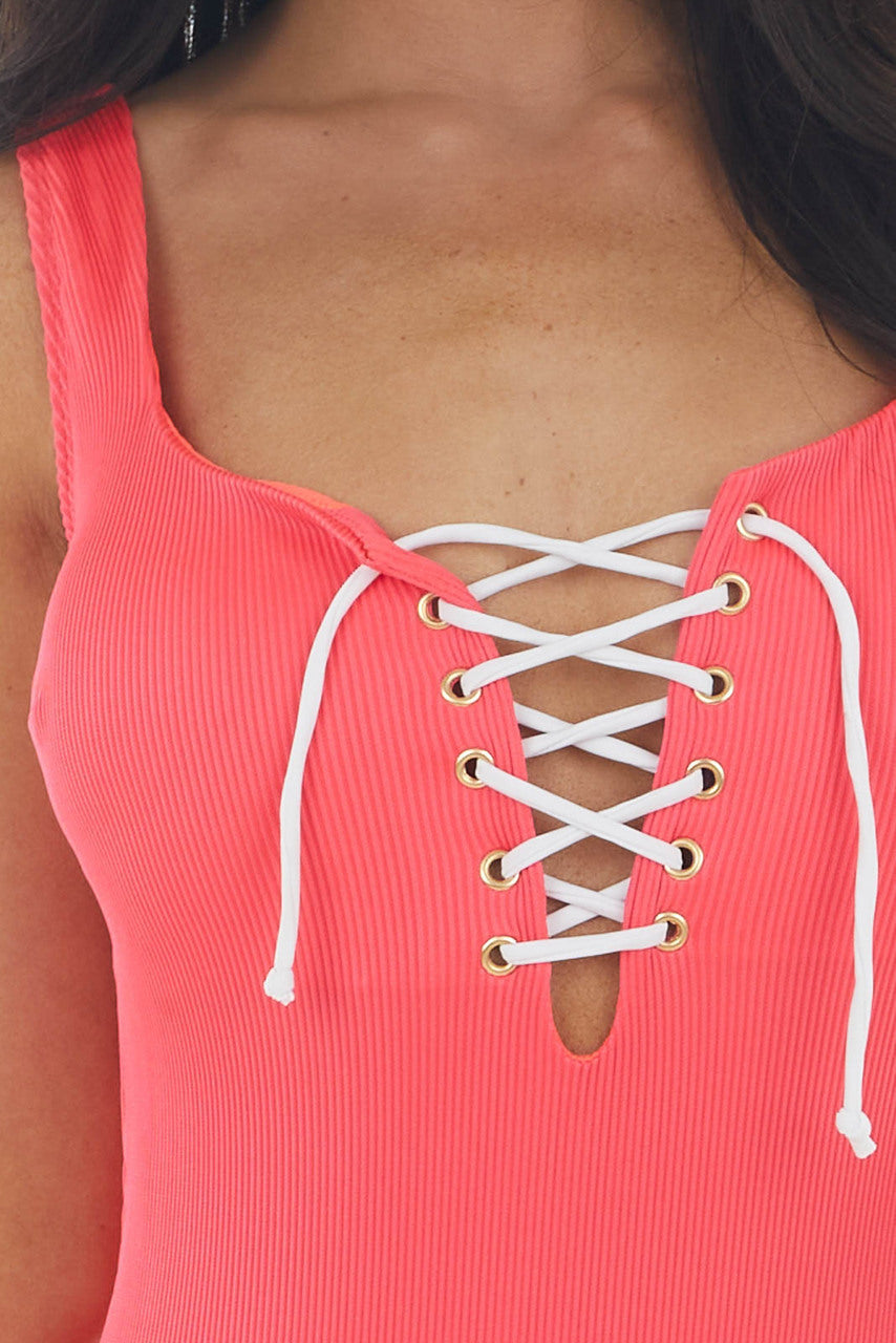 Hot Pink Ribbed Open Back Solid Swimsuit with Lace Up Front