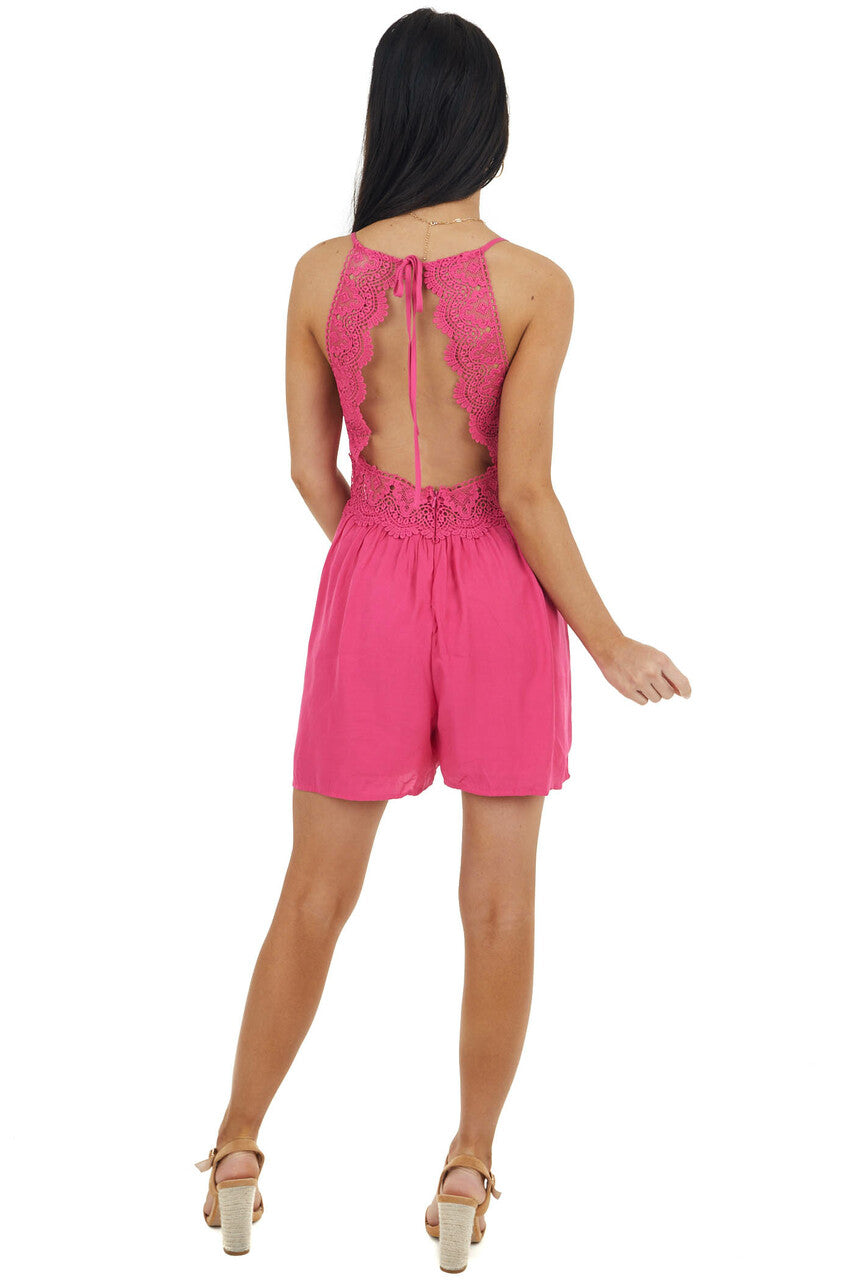Hot Pink Sleeveless Romper with Lace Peekaboo Waist Detail 