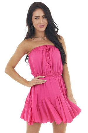 Hot Pink Strapless Woven Short Dress with Flowy Ruffle Hem