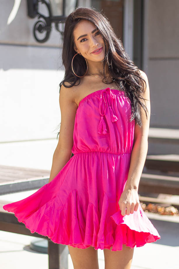 Hot Pink Strapless Woven Short Dress with Flowy Ruffle Hem