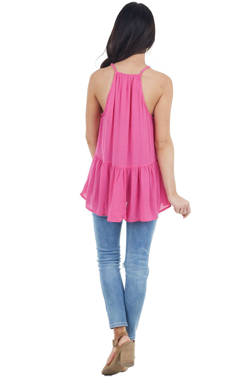 Hot Pink Swiss Dot Tank Top with Floral Crocheted Lace Neck