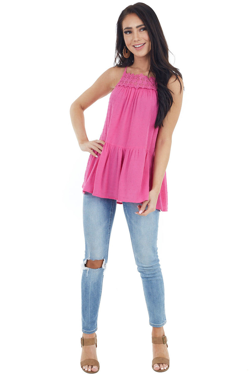 Hot Pink Swiss Dot Tank Top with Floral Crocheted Lace Neck