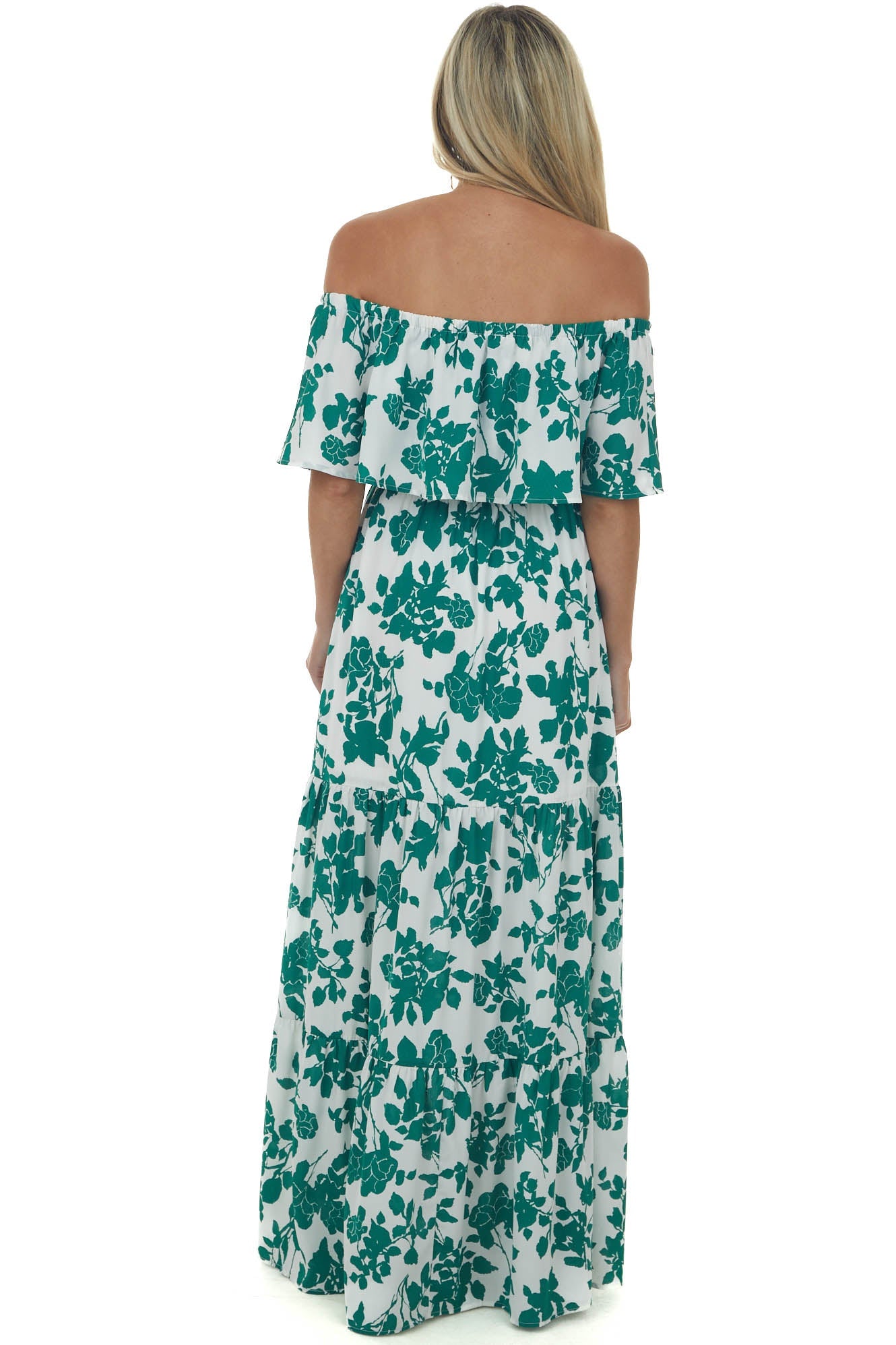 Hunter Green Floral Off Shoulder Overlay Maxi Dress