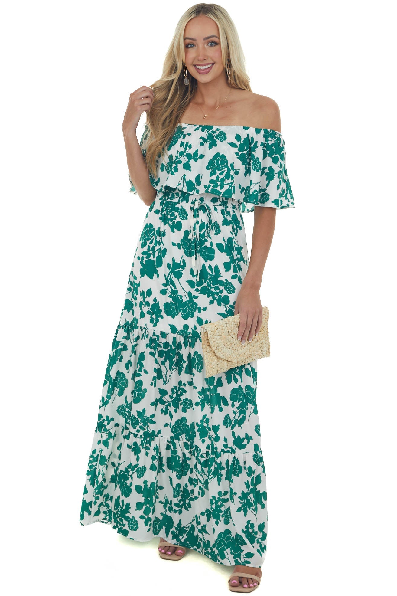 Hunter Green Floral Off Shoulder Overlay Maxi Dress