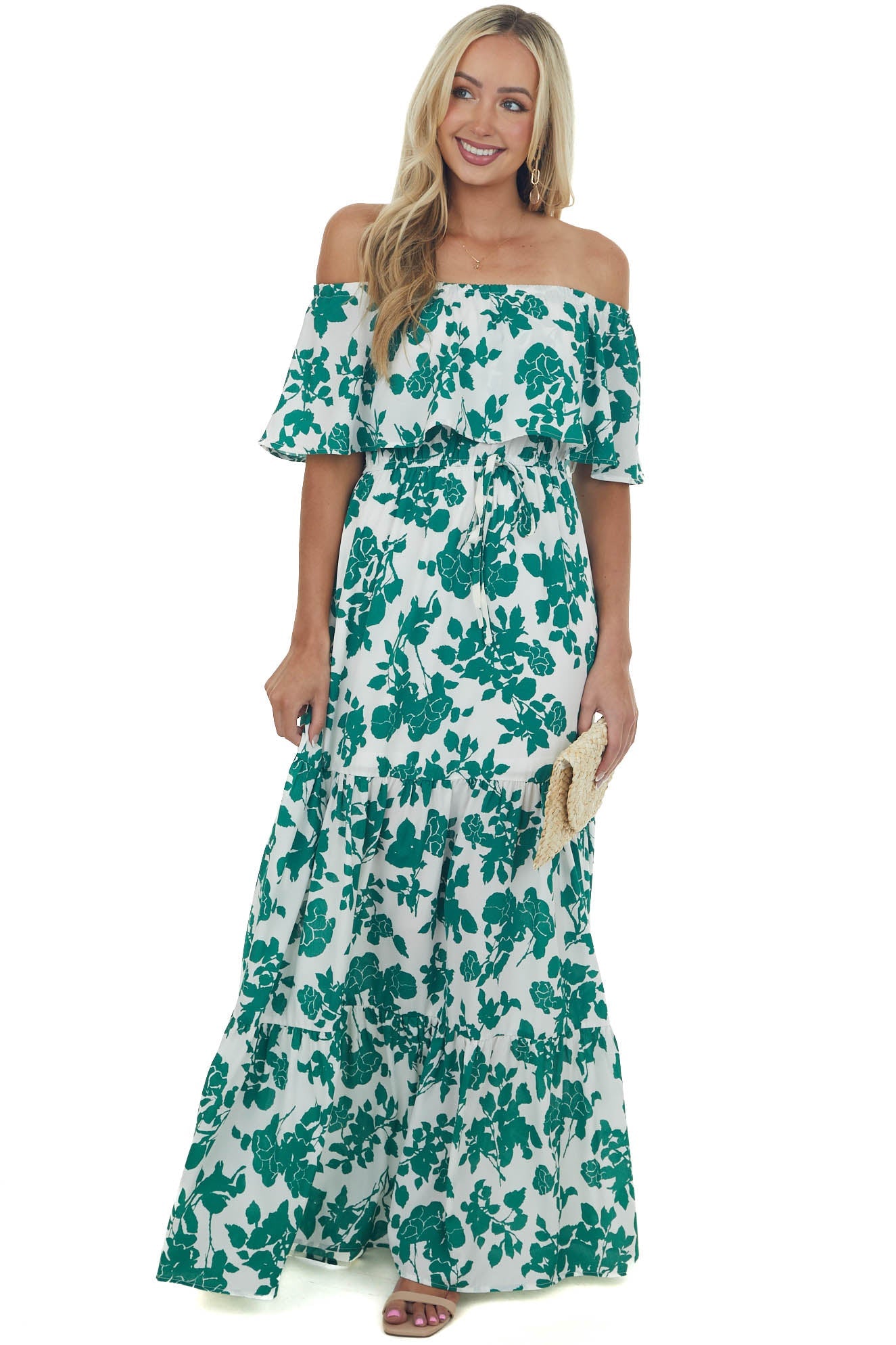 Hunter Green Floral Off Shoulder Overlay Maxi Dress