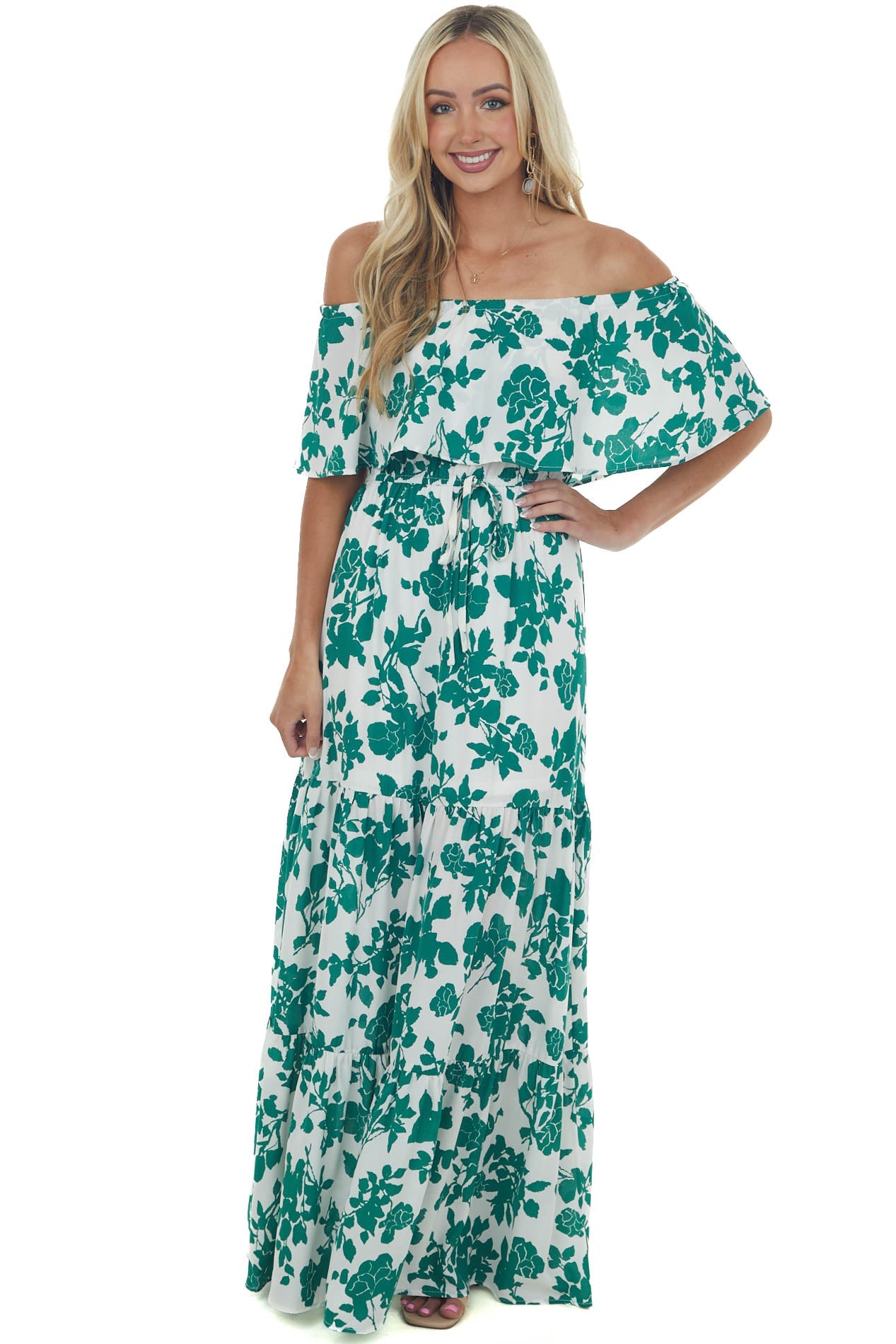 Hunter Green Floral Off Shoulder Overlay Maxi Dress
