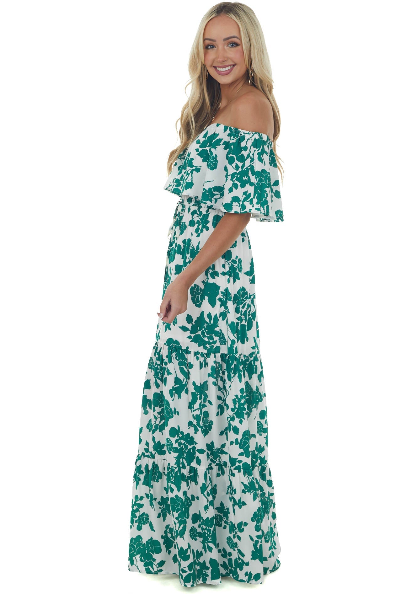 Hunter Green Floral Off Shoulder Overlay Maxi Dress