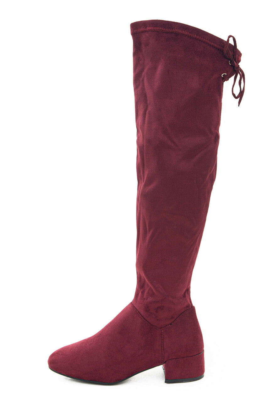 Wine Faux Suede Boots with Back Lace Up Detail 