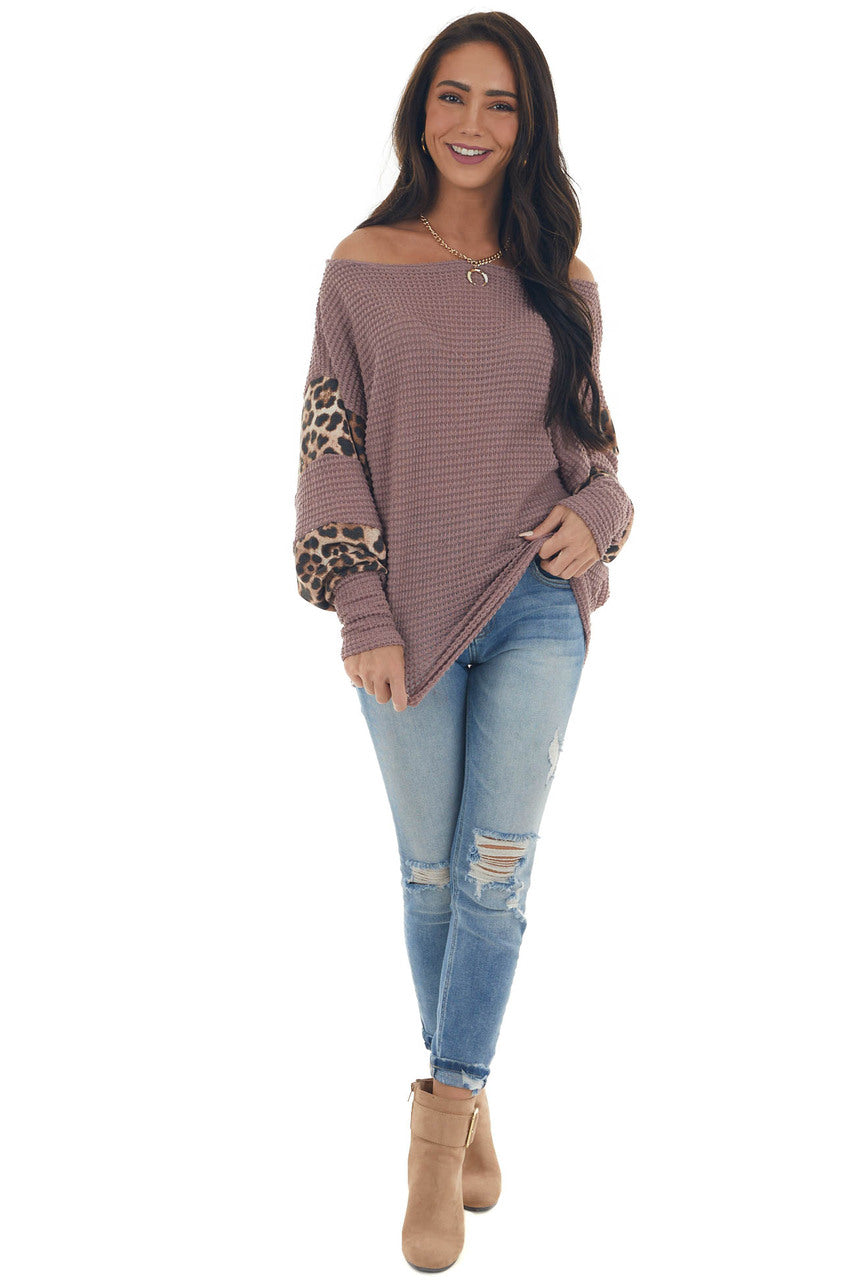 Rose Taupe and Leopard Dolman Sleeve Waffle Knit Top