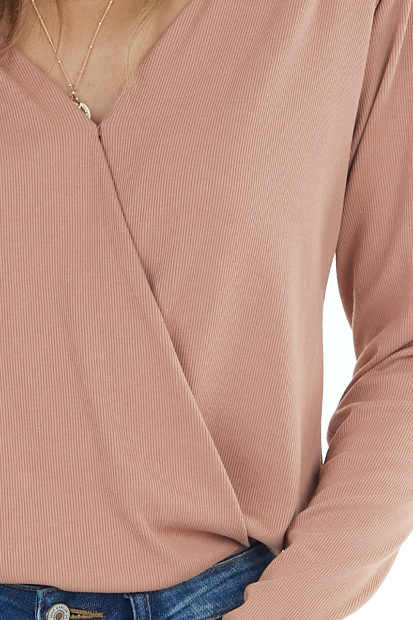 Dusty Peach Ribbed Knit Surplice Bodysuit with Long Sleeves