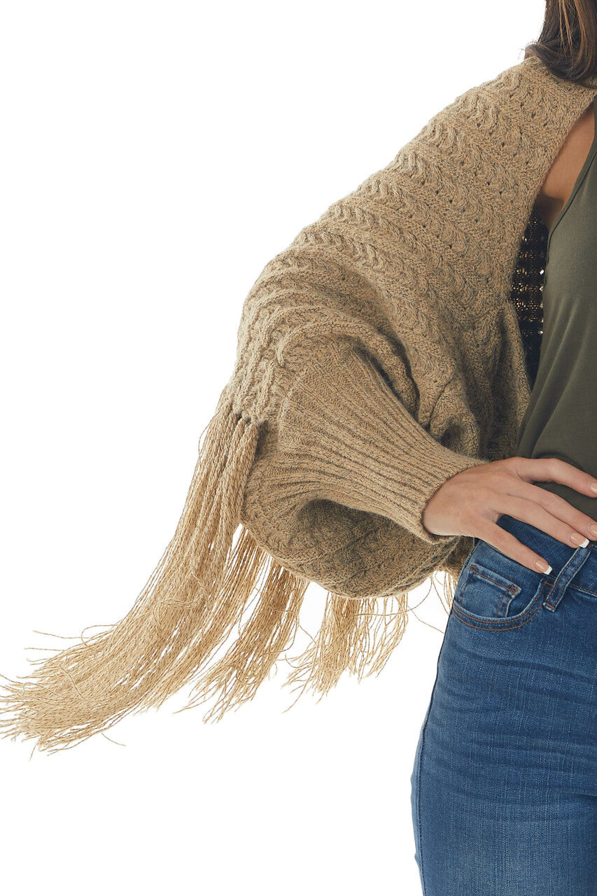Latte Cable Knit Fringe Hem Shrug Cardigan