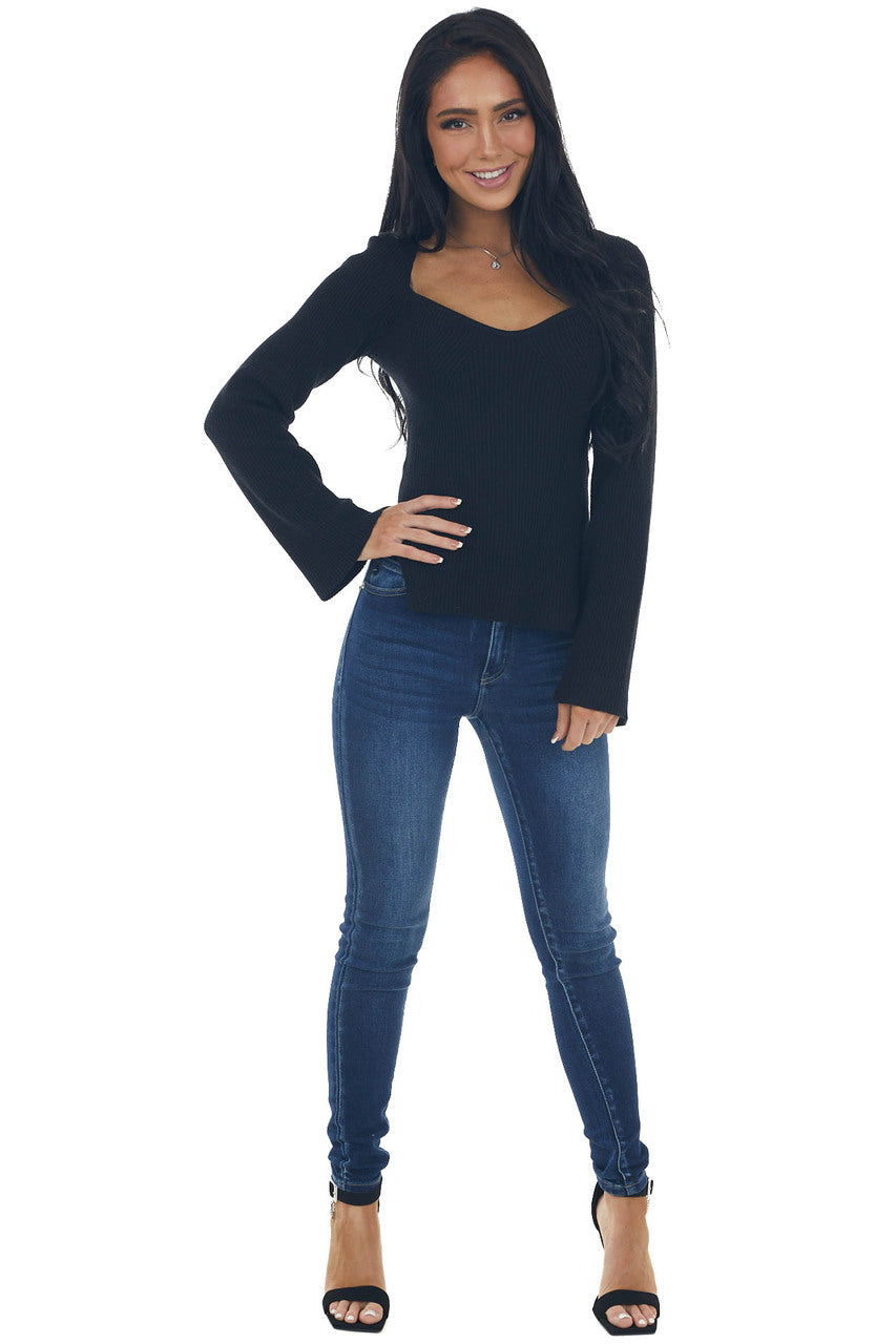 Black Flare Sleeve Side Slit Ribbed Sweater 