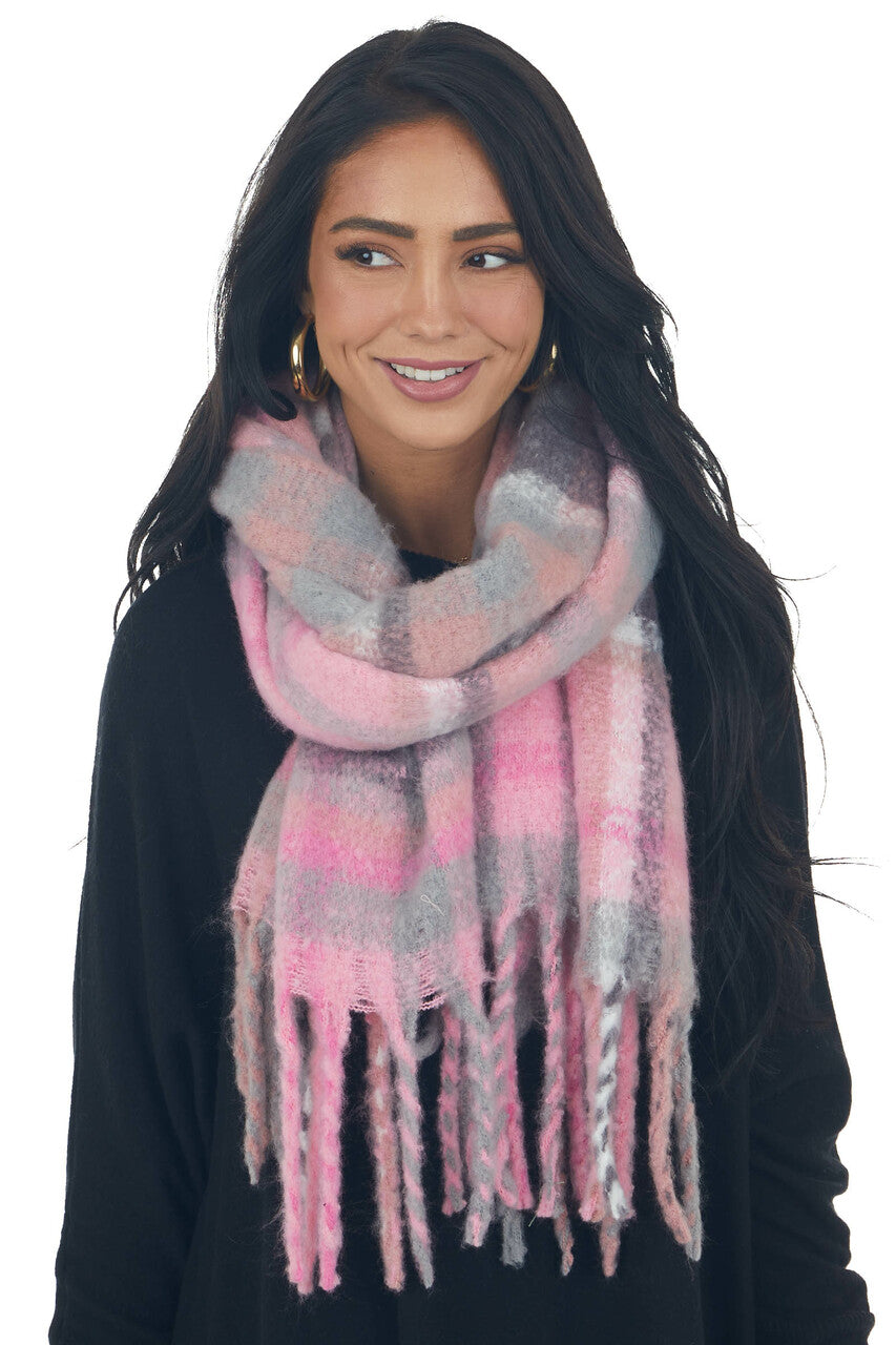 Baby Pink Plaid Brushed Knit Fringe Scarf