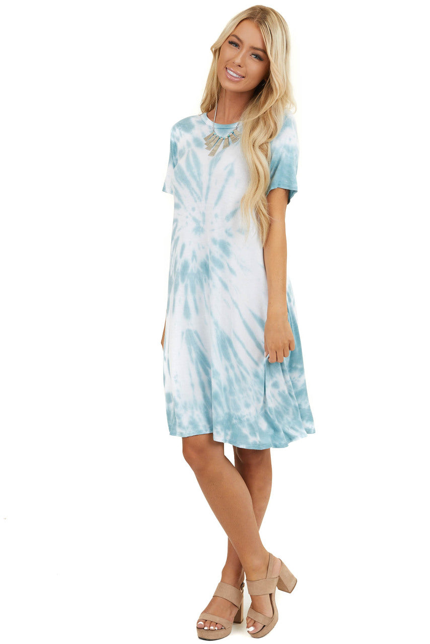 Dark Seafoam Tie Dye Short Sleeve Swing Dress with Pockets 