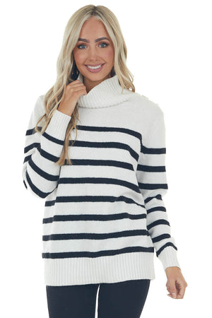 Off White Striped Side Button Up Neck Sweater