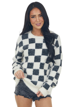 Black and Ivory Checkered Fuzzy Sweater 