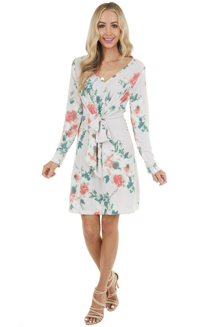 Light Blush Floral Long Sleeve Mini Dress with Front Tie