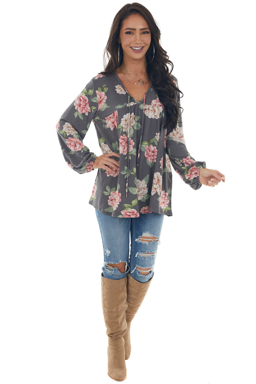 Graphite Floral Print Long Sleeve Babydoll Top
