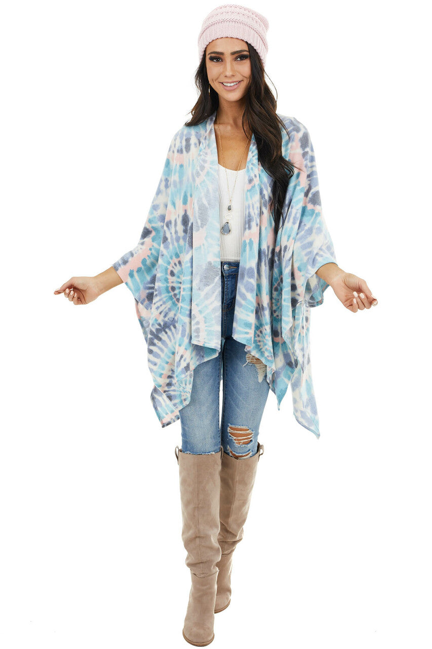 Sky Blue and Blush Tie Dye Poncho with Open Front