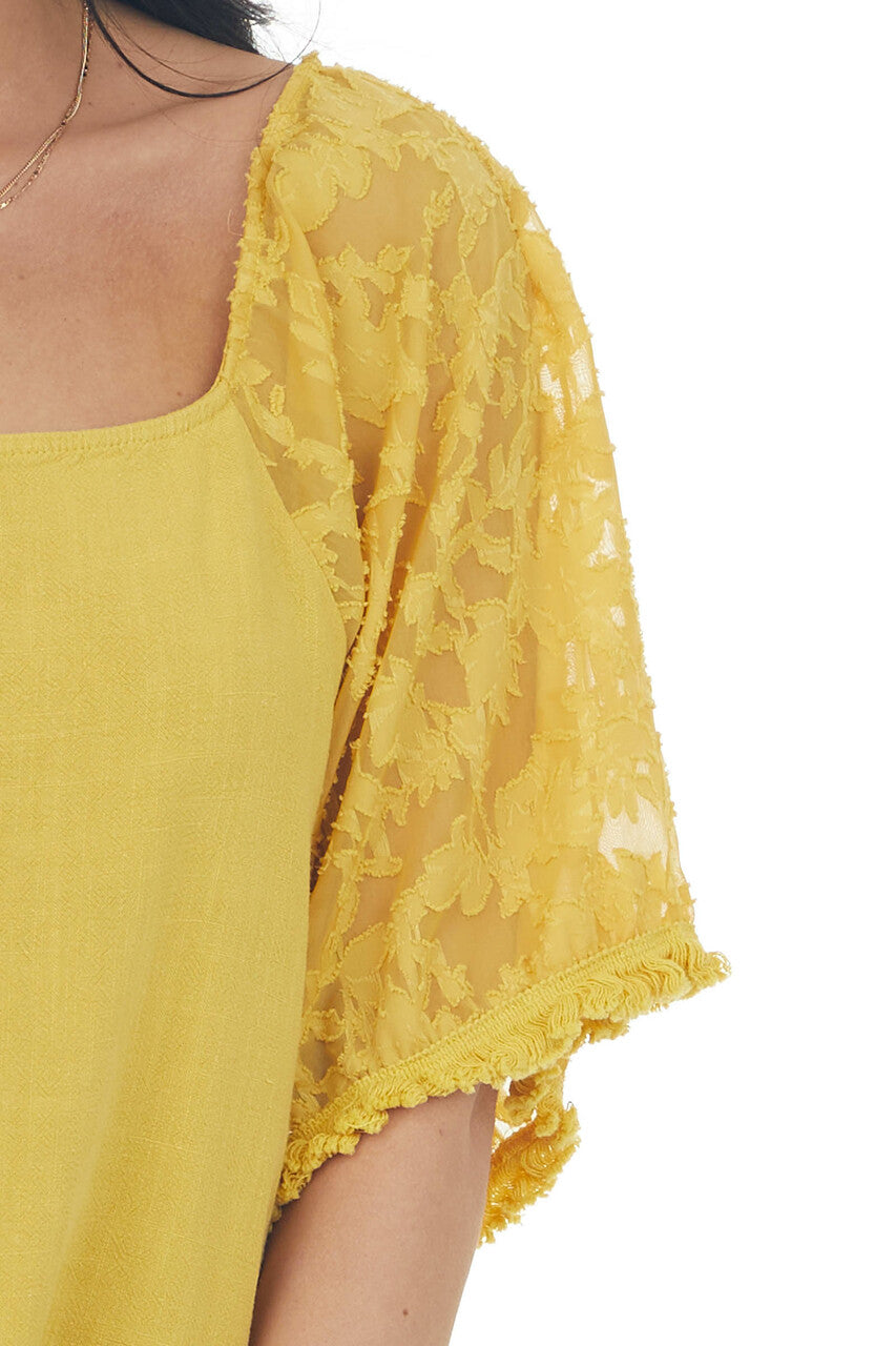 Mustard Floral Textured Mesh Sleeve Blouse