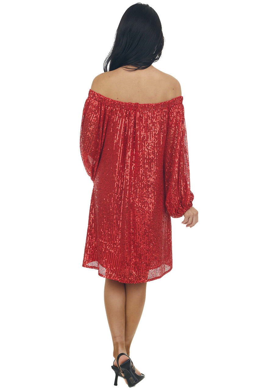 Lipstick Red Sequin Off Shoulder A Line Dress