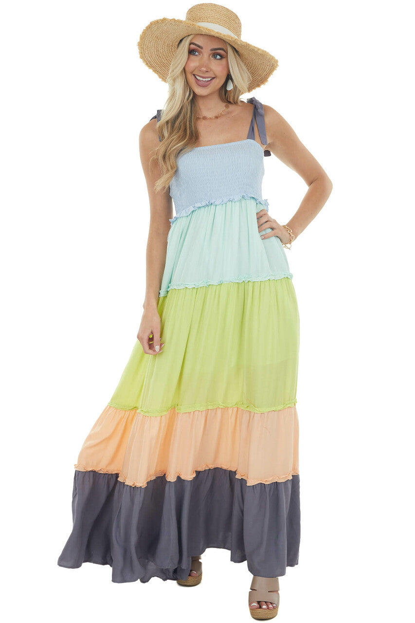 Aqua Colorblock Tiered Maxi Dress with Tie Straps