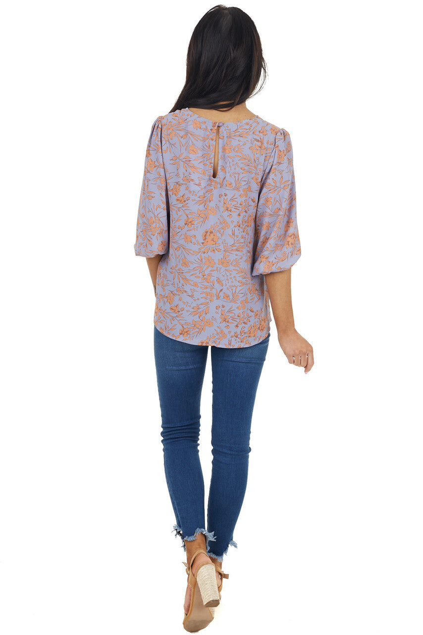 Lilac Floral Pattern 3/4 Sleeve Top with Back Keyhole Detail