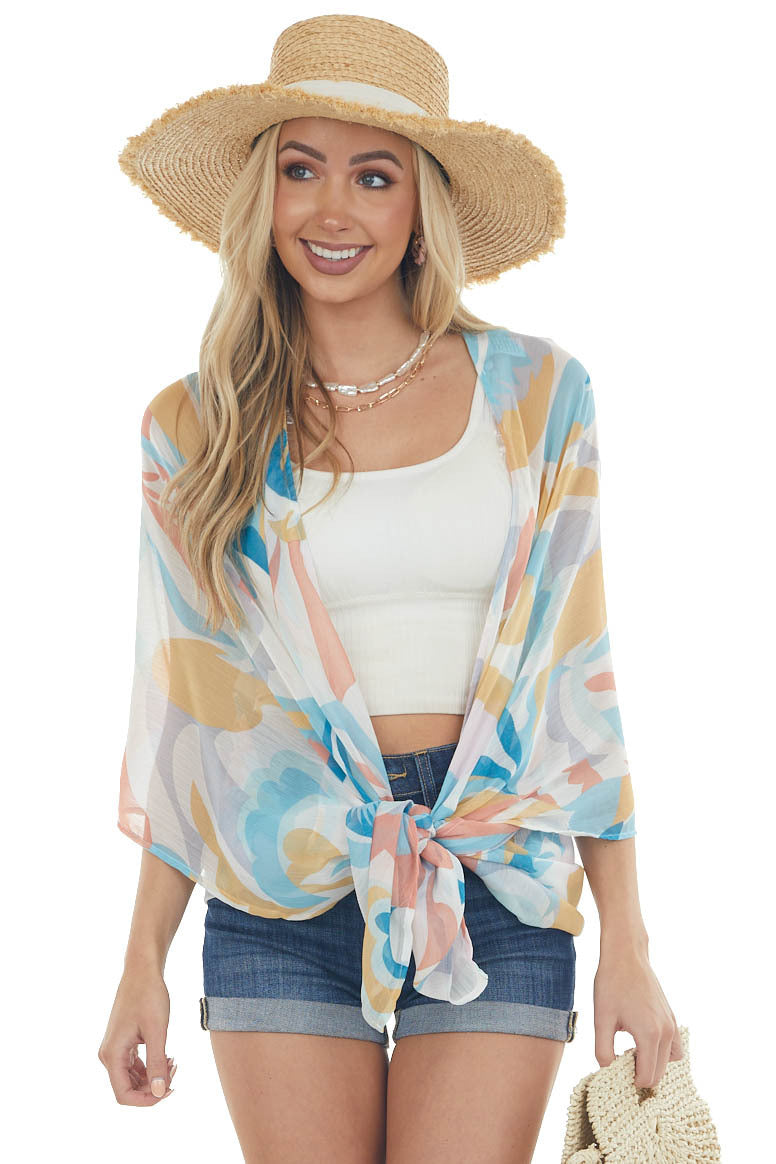 Ivory and Sea Blue Printed Sheer Kimono