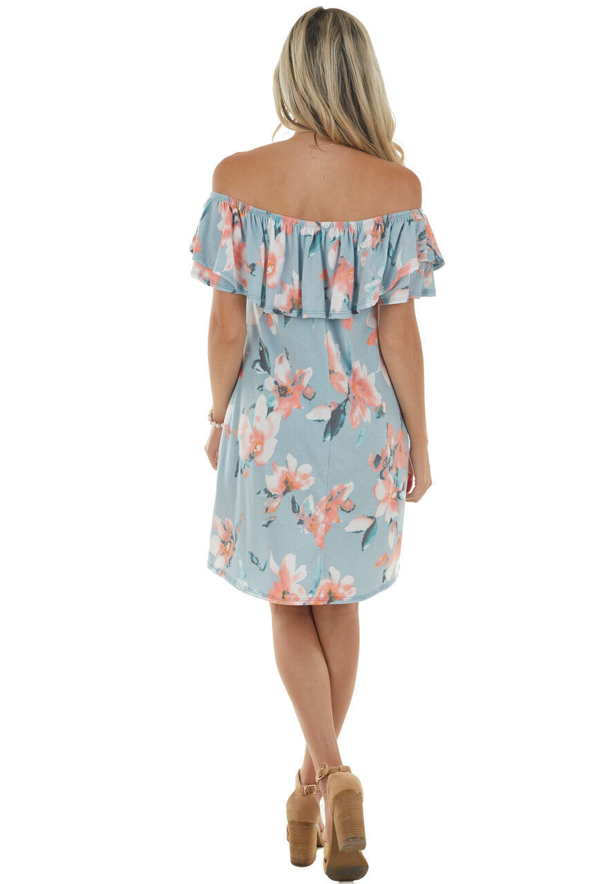 Sky Floral Off Shoulder Overlay Mini Dress