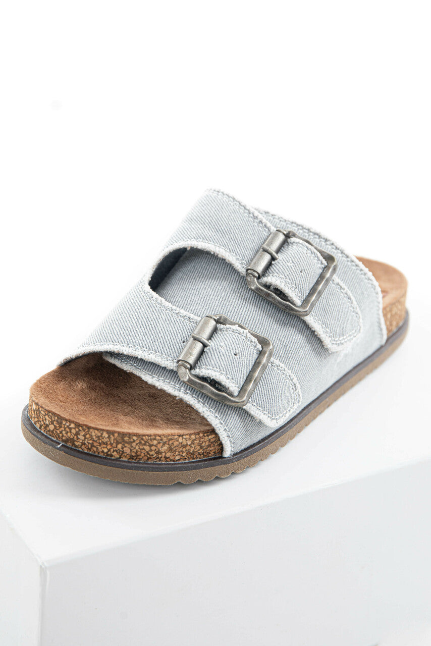 Slate Denim Slip On Sandals with Buckle Detail 
