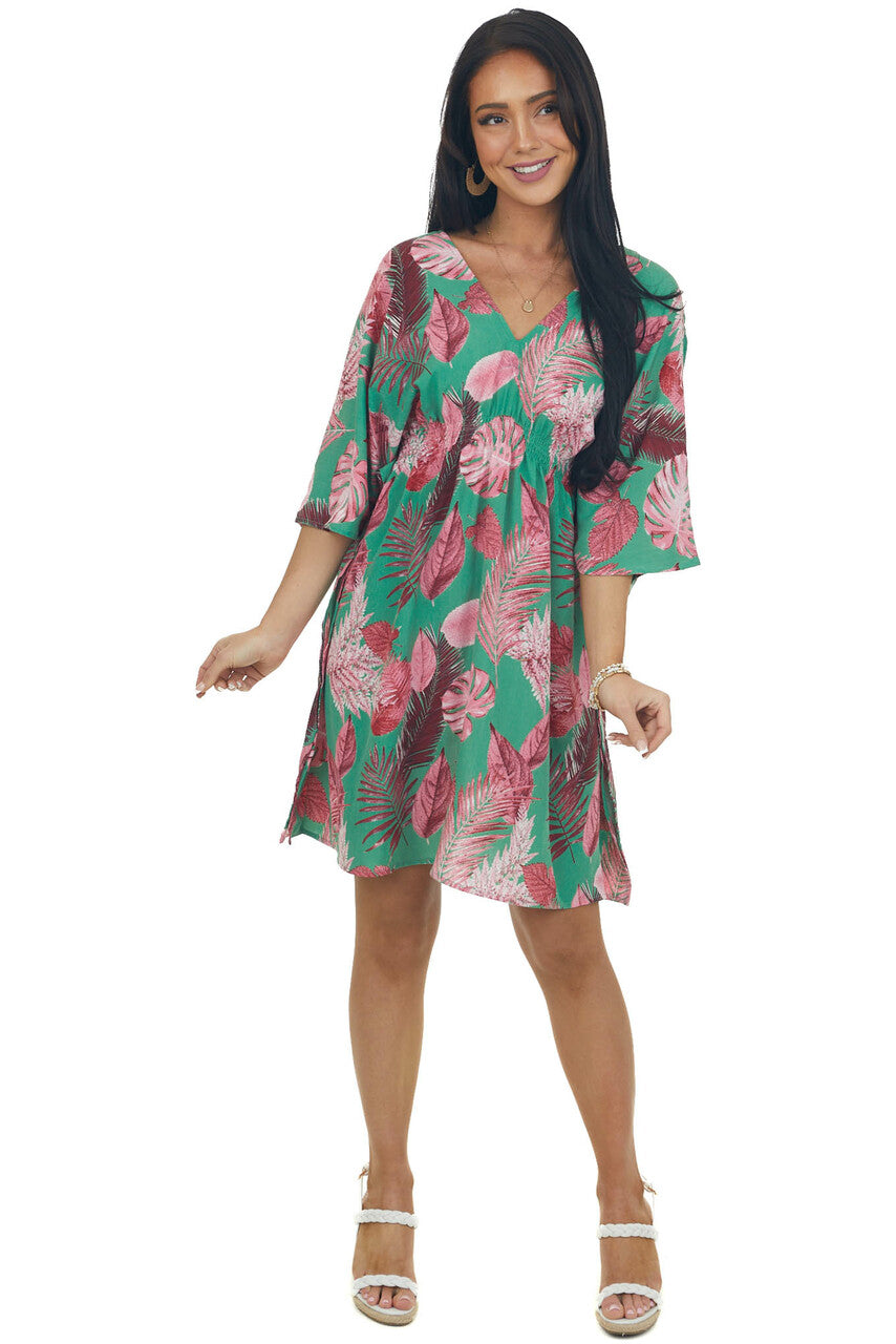 Jade and Hibiscus Leaf Print Half Sleeve Dress 
