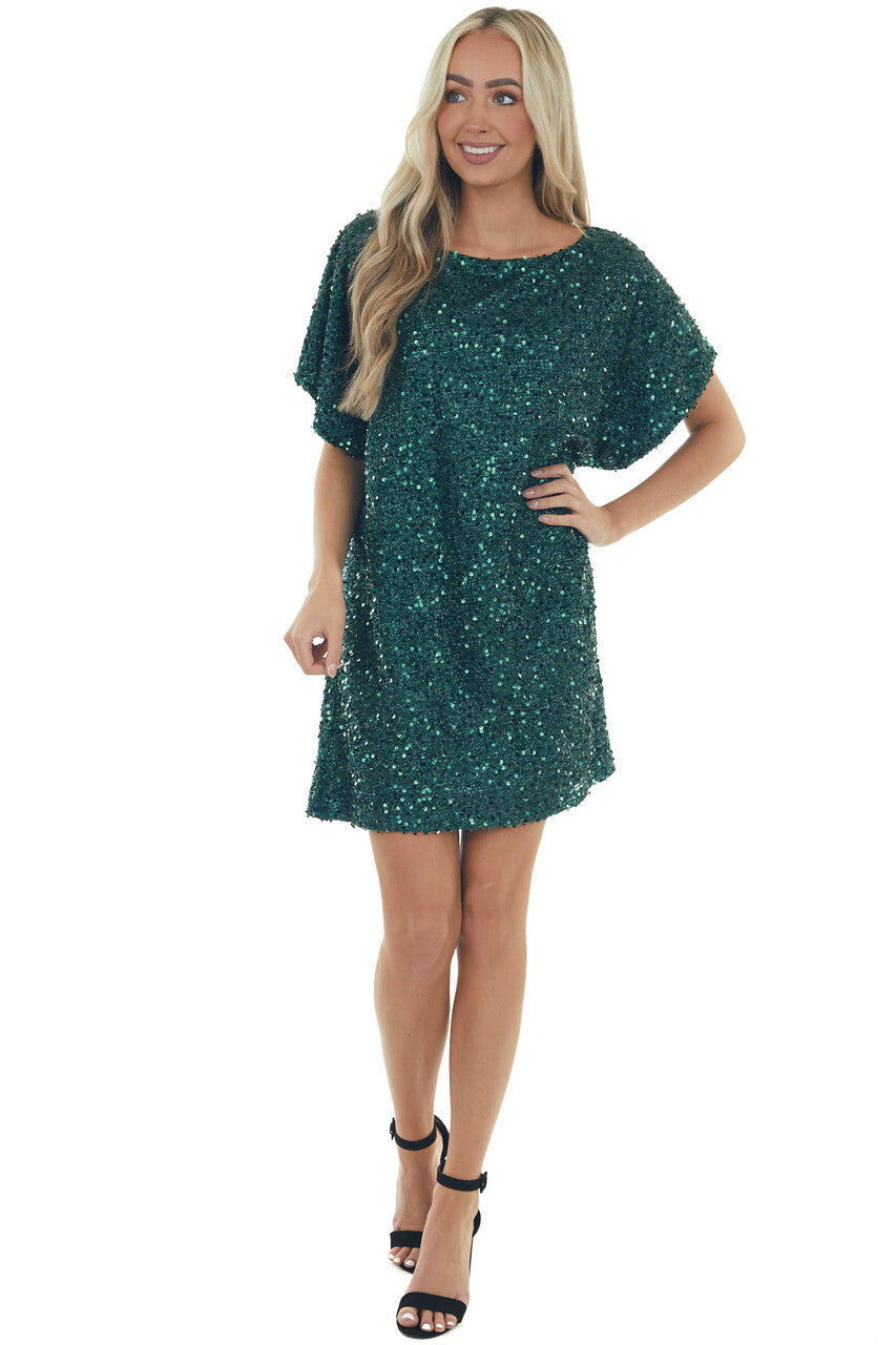 Forest Sequined Short Flowy Sleeve Shift Dress