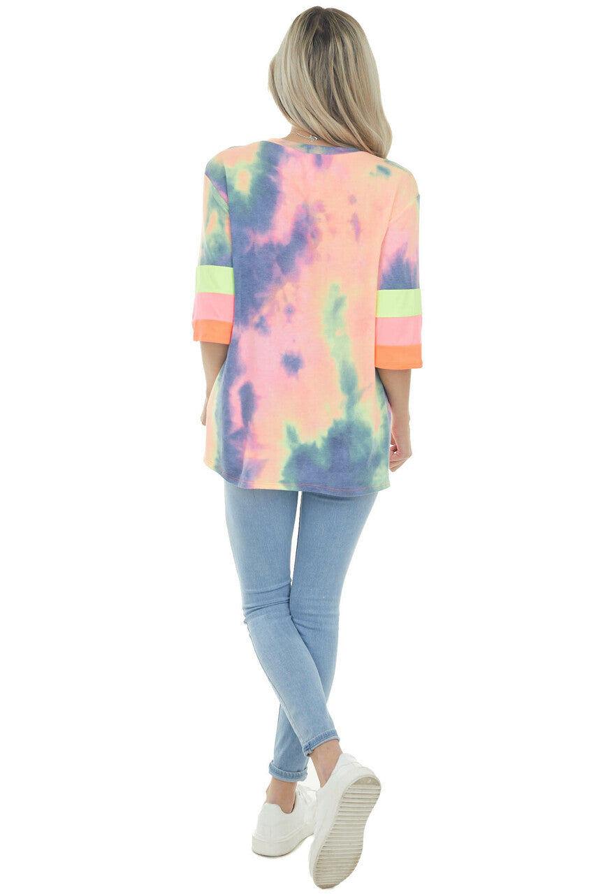 Neon Multicolor Tie Dye Knit Top with Stripe Contrast Detail