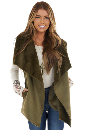 Olive Green Faux Suede Vest with Soft Faux Fur Lining