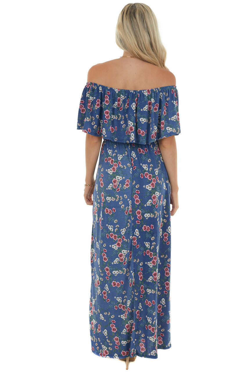 Off the Shoulder Navy Floral Print Maxi Dress