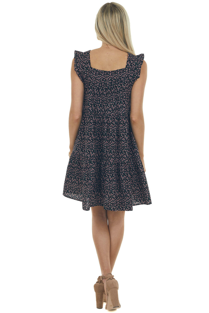 Black Ditsy Floral Textured Square Neck Dress