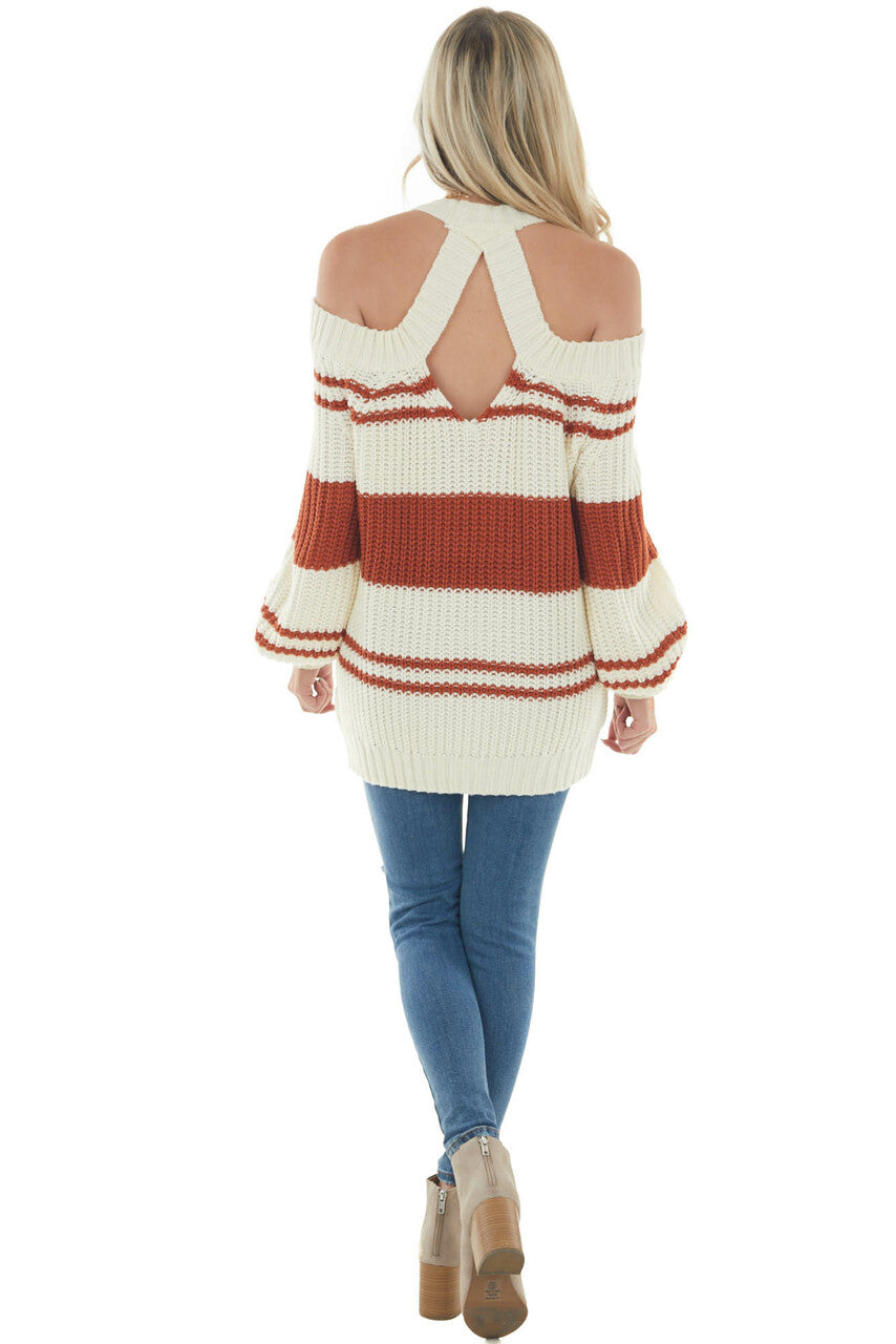 Tawny Striped Cold Shoulder Keyhole Sweater