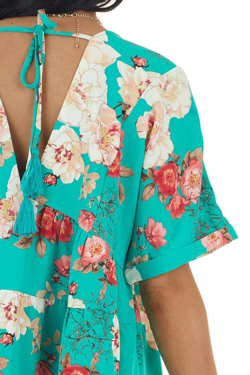 Jade Green Floral Print V Neck Babydoll Top 