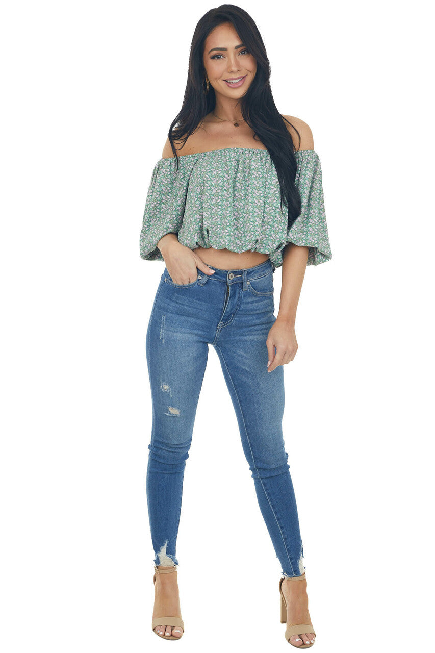 Jade Ditsy Floral Print Boat Neck Crop Top